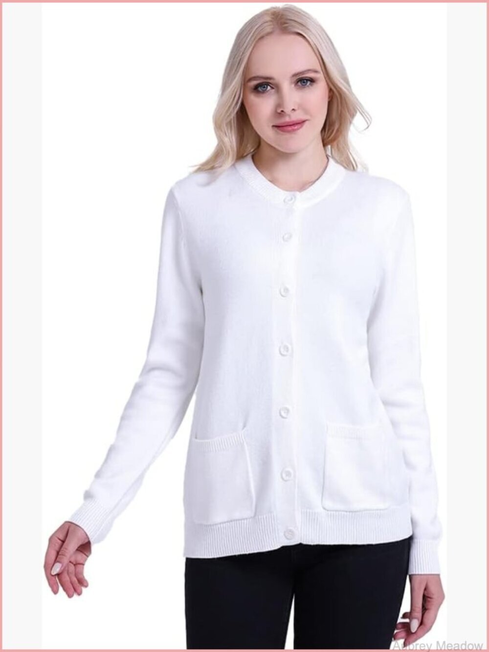Women Crew Neck Cardigan with Pockets Ribbed Knit Button Down